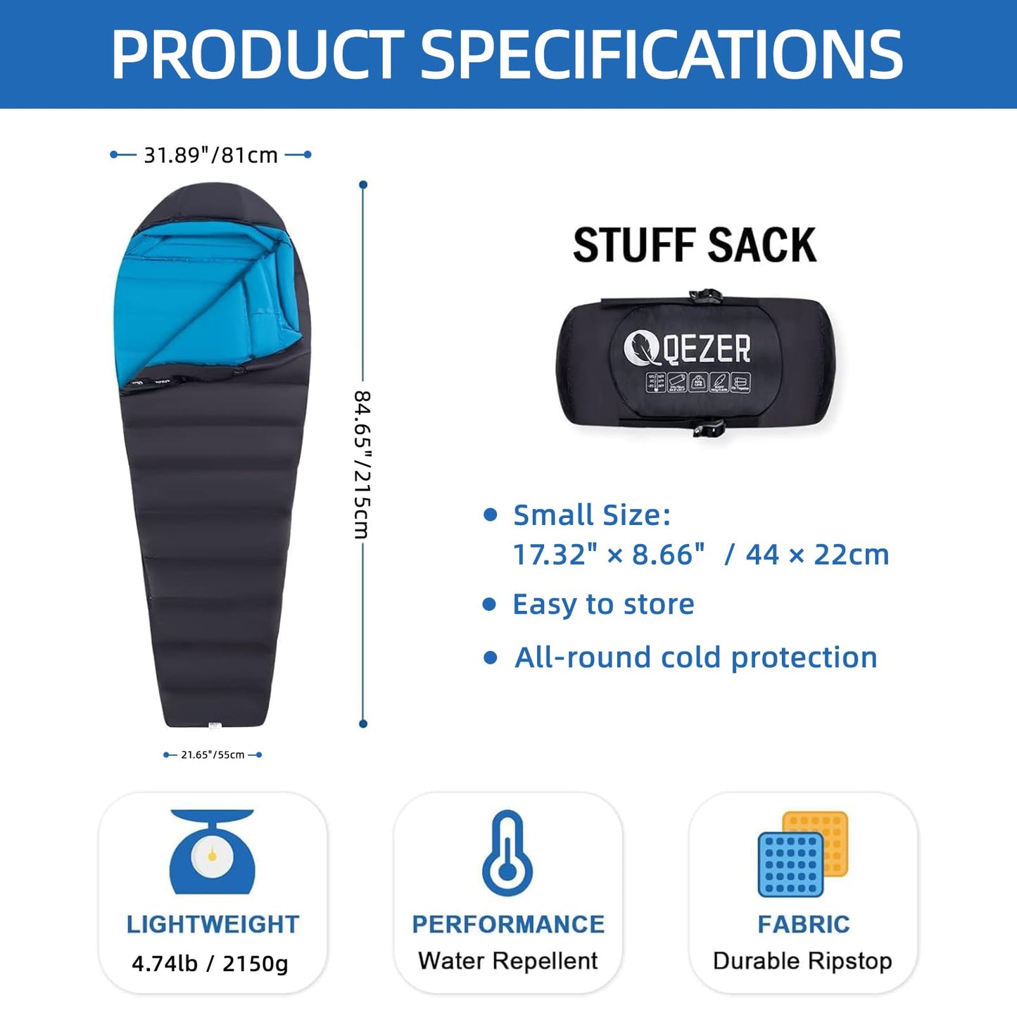 600 Fill Power Down Mummy Sleeping Bag for Backpacking