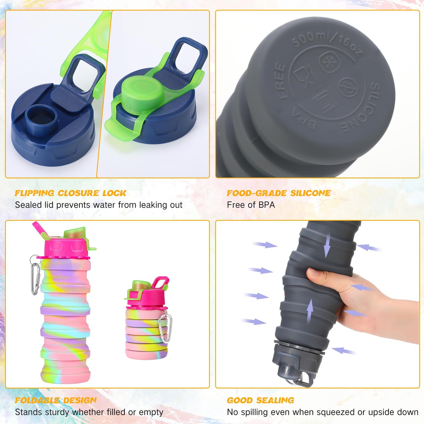 Sunnyray Collapsible Water Bottles Bulk 17oz with Clip