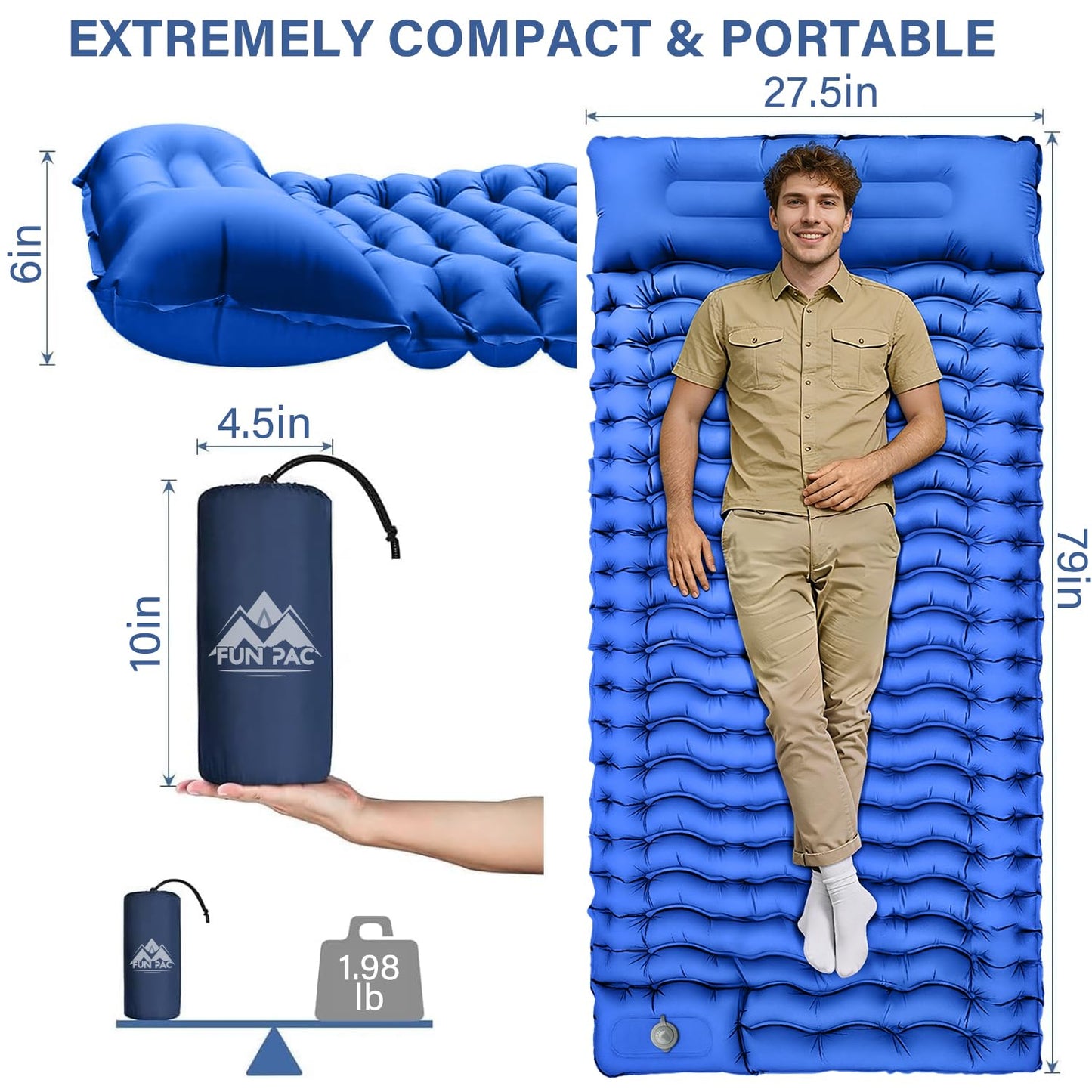 Ultralight Inflatable Sleeping Pad with Pillow & Foot Pump