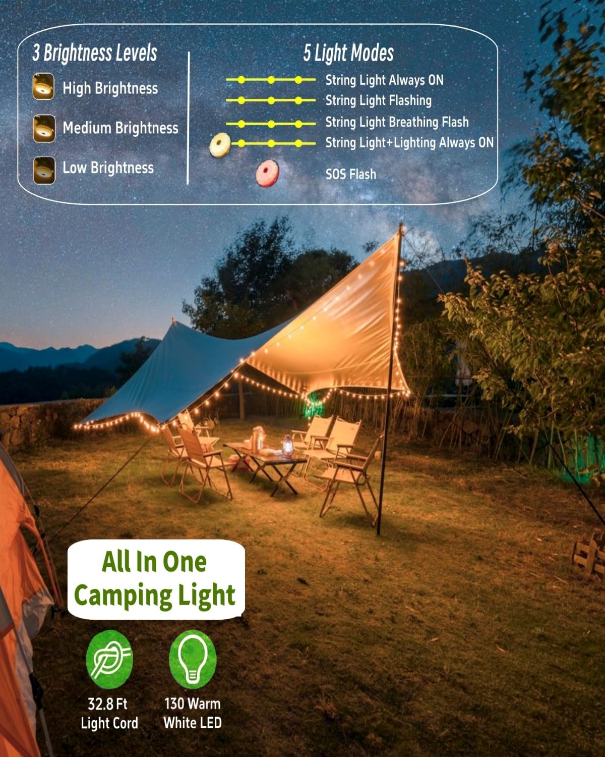 Solar Rechargeable Camping String Lights with 8 Modes
