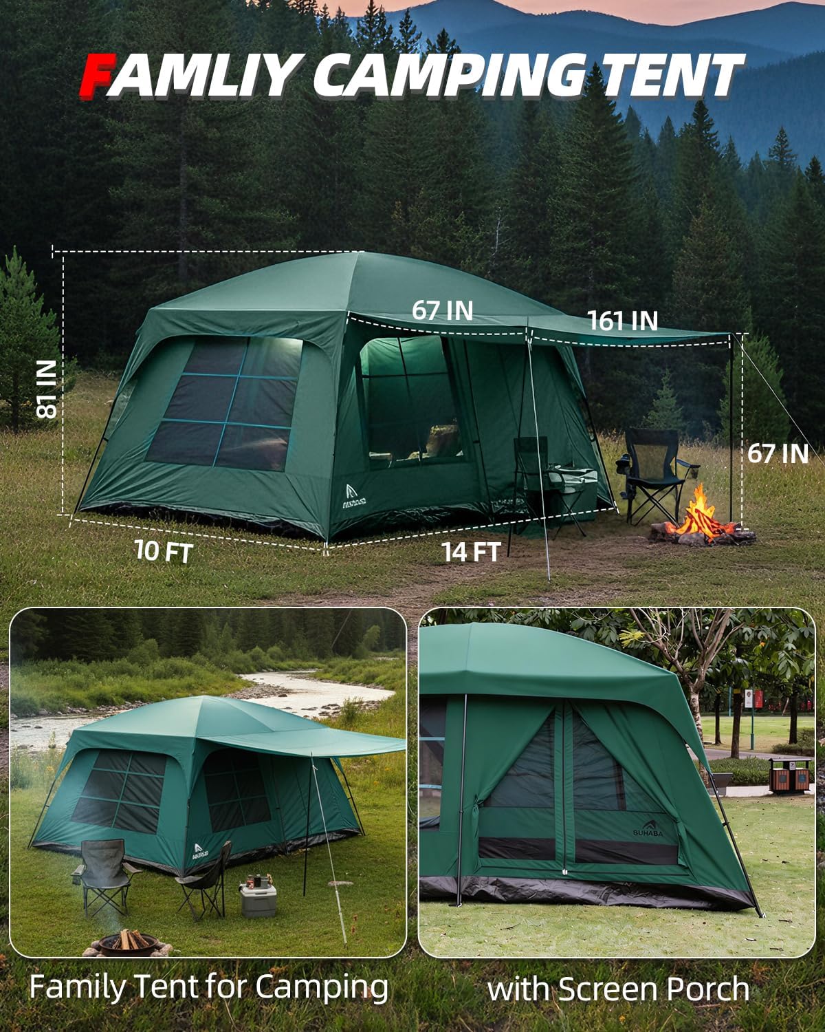 10-Person Two-Room Family Camping Tent with Rainfly