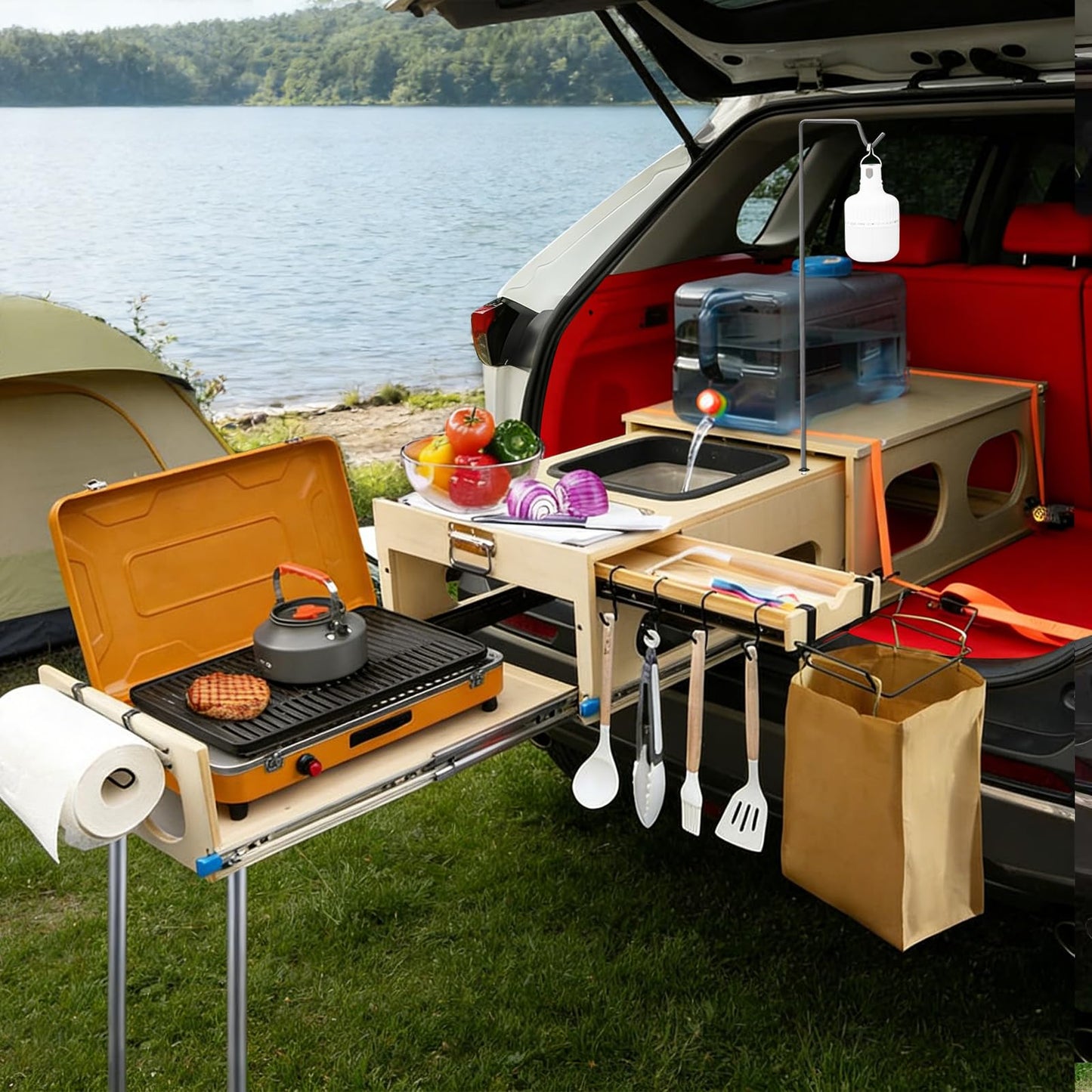 Wooden Slide-Out Camping Kitchen with Drawer