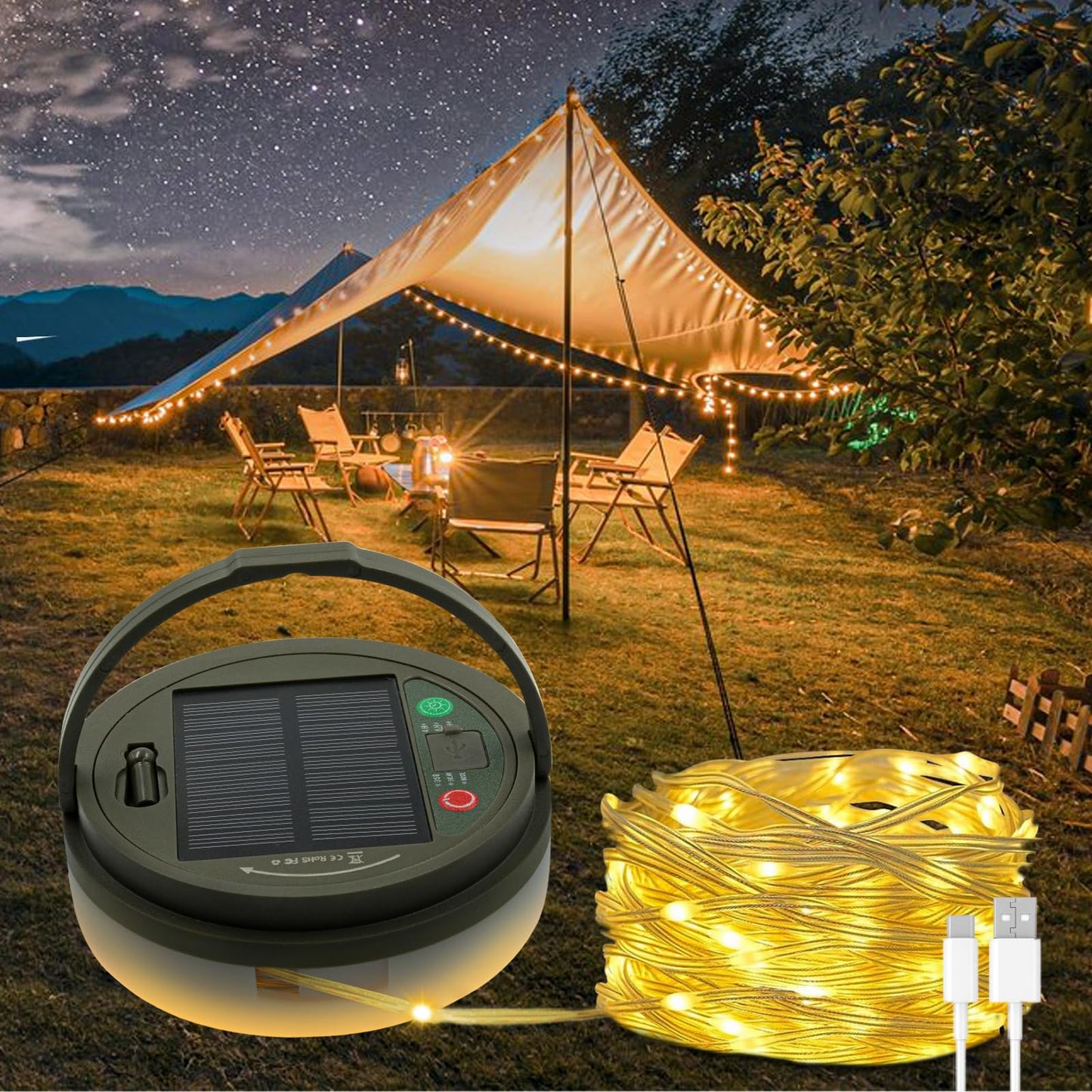 Solar Rechargeable Camping String Lights with 8 Modes